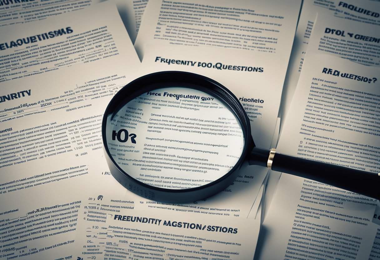 A stack of paper with "Frequently Asked Questions" printed on top, surrounded by question marks and a magnifying glass