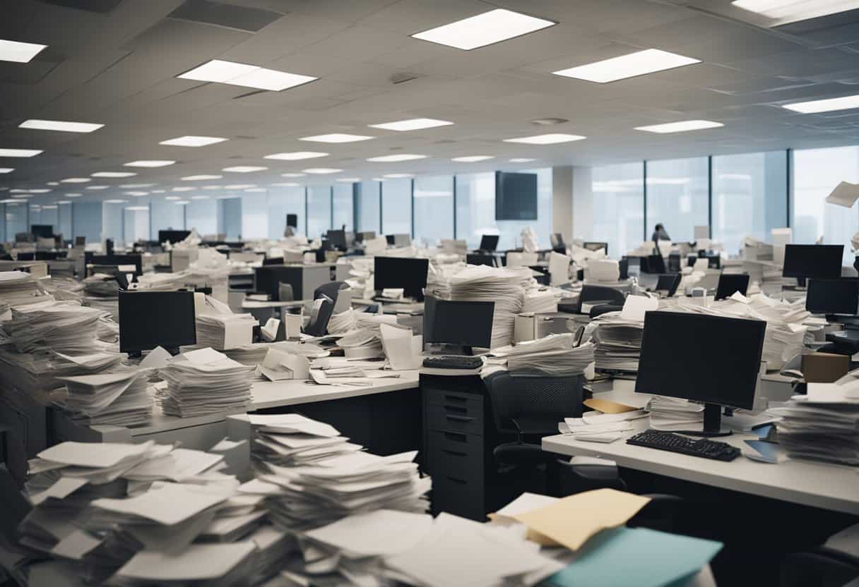 A chaotic office scene: papers scattered, computers frozen, people frantically rushing around, overwhelmed by the impact of TMI