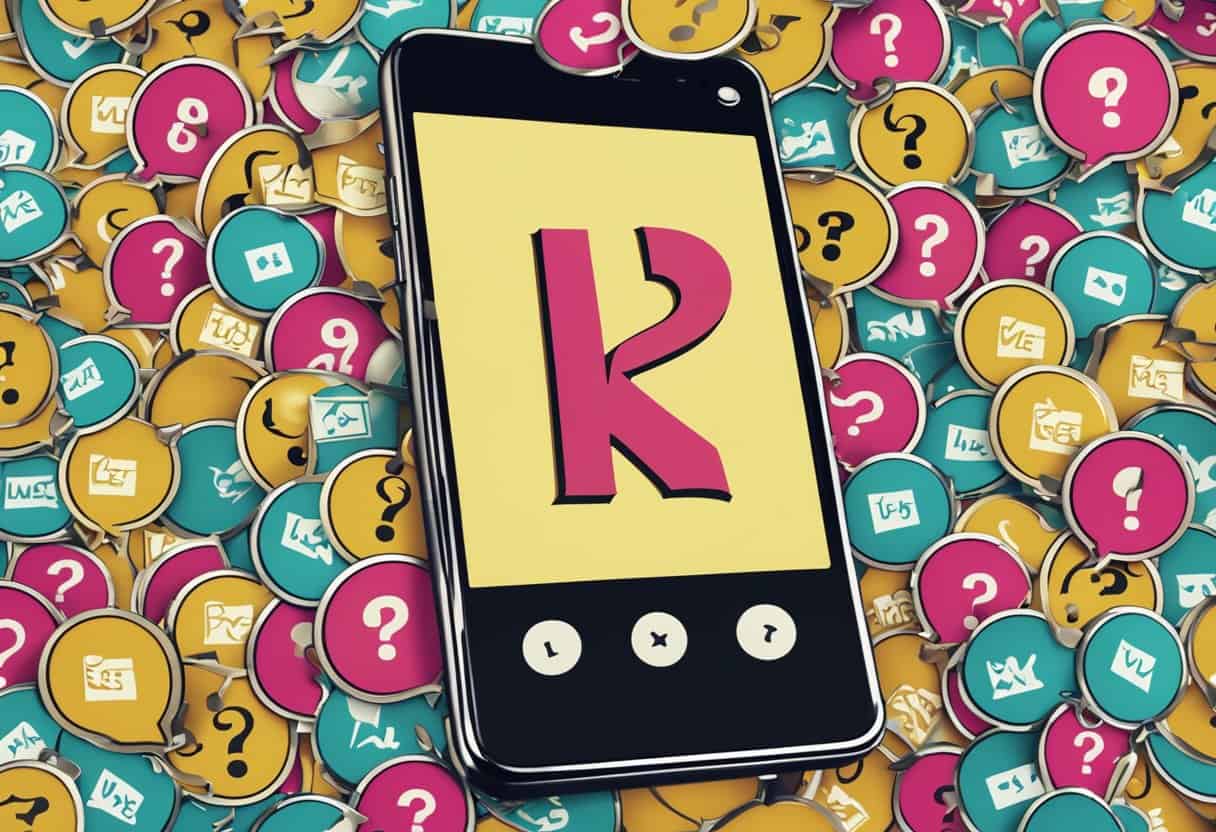 A smartphone screen displaying "lmk" surrounded by question marks and text bubbles