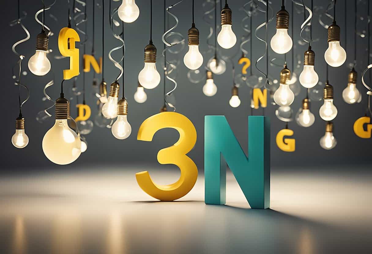 The letters "GN" are surrounded by question marks, lightbulbs, and thought bubbles, suggesting various interpretations and meanings