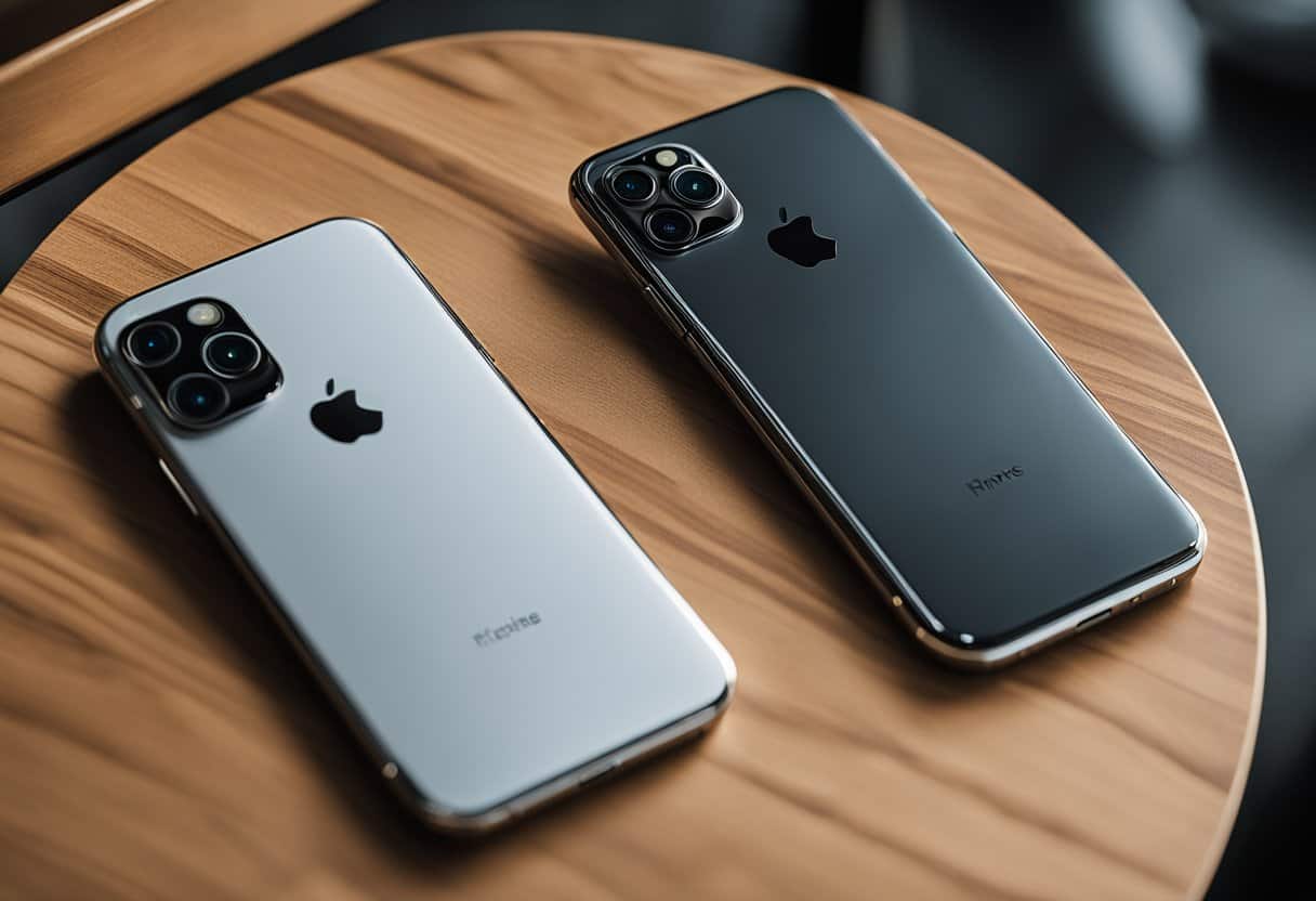 Two sleek iPhones, 14 Pro and 15 Pro, side by side on a clean, modern table. The design and build quality are evident in their smooth, metallic exteriors and precise, symmetrical edges