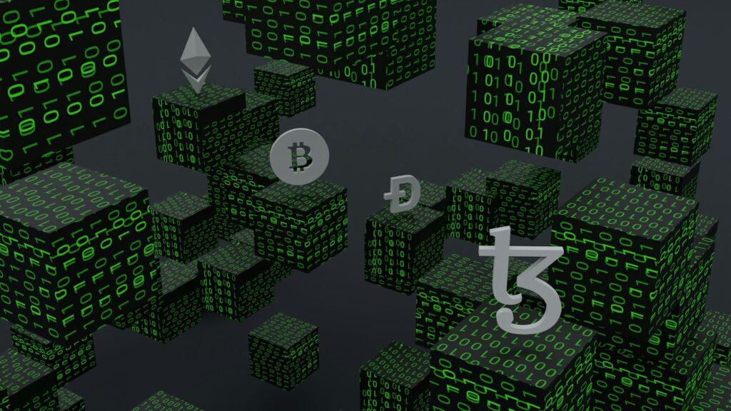 a bunch of cubes with bitcoin symbols on them