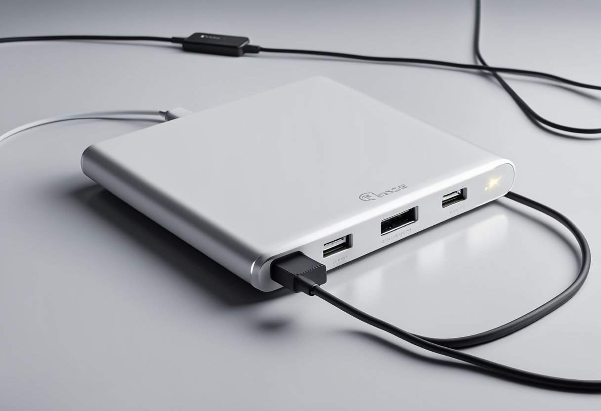 MagSafe Battery Pack Review: iPhone Charging Solutions (2026) 5 A sleek magsafe battery pack sits on a clean, white surface, with a lightning bolt symbol on the front and a USB-C port on the bottom