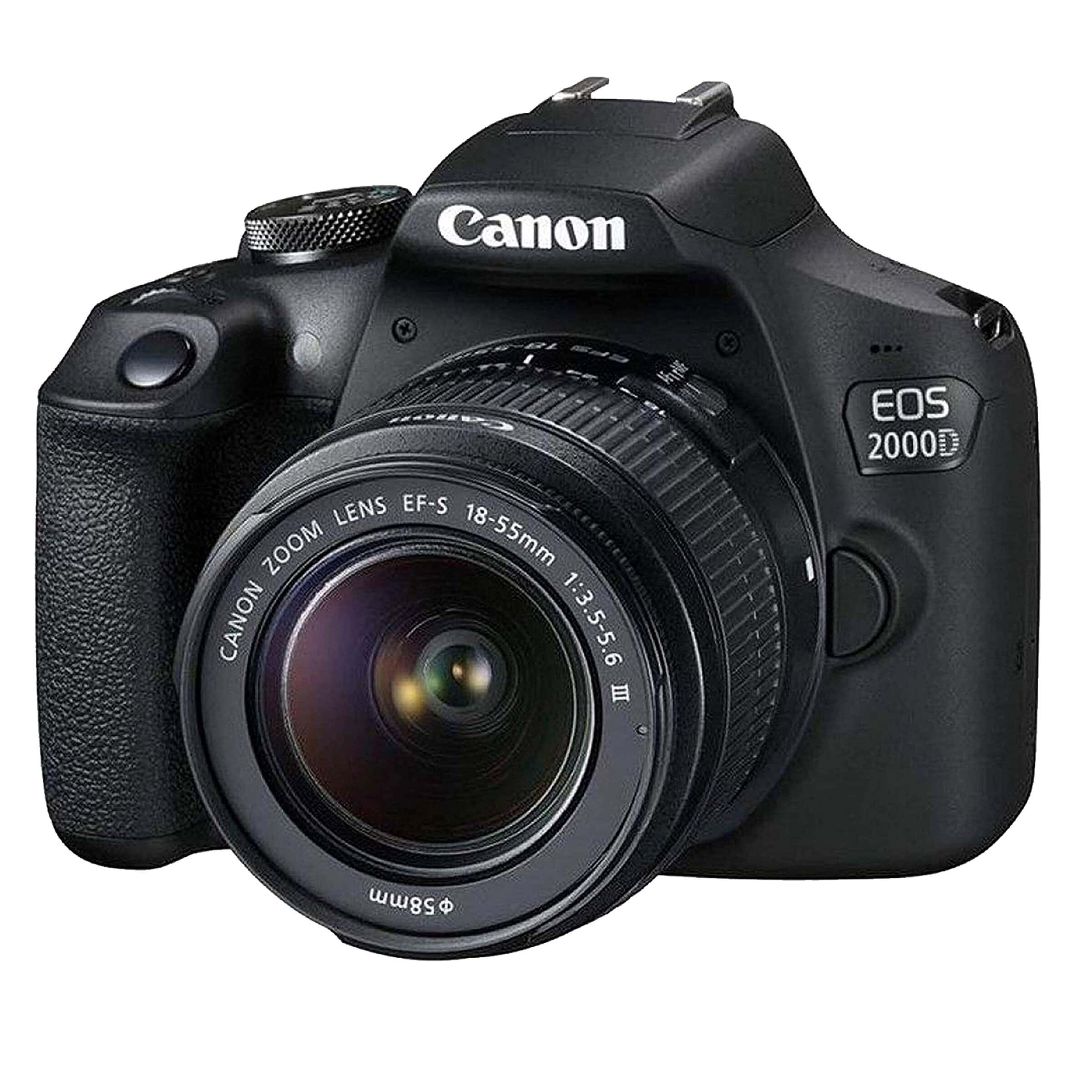 Amazon.com : Canon EOS 2000D / Rebel T7 DSLR Camera w/EF-S 18-55mm  F/3.5-5.6 Zoom Lens + 64GB Memory, LED Video Light, Case, Gripster Tripod,  and More (Essential Bundle) (Renewed) : Electronics