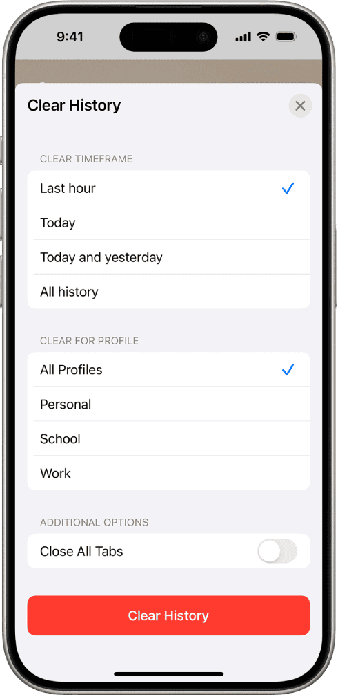 The Clear History menu. Below Clear Timeframe, Last hour is selected. All Profiles is selected below Clear For Profile. The Clear History button is at the bottom of the screen.