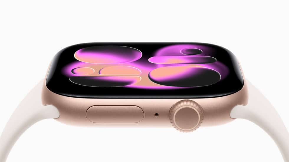 An angled side-profile view of Apple Watch Series 11.