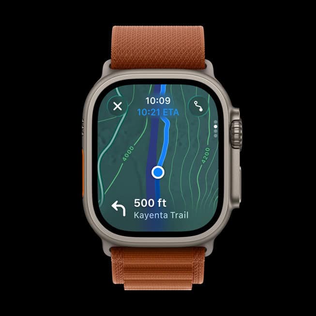 An angled view of Apple Watch Ultra 3 showing a user’s positioning on a trail map.