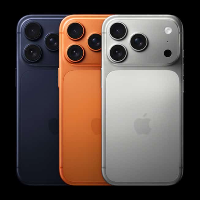 Three iPhone 17 Pro devices show the new color lineup.