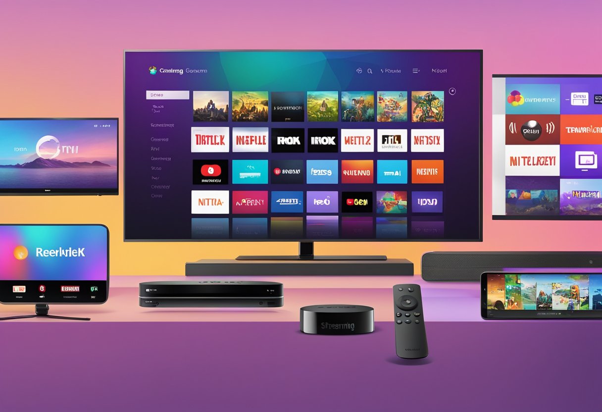 How To Connect Your Android Device to a TV 2 Various popular streaming devices and platforms, such as Android TV, Chromecast, and Roku, are connected to a television screen, displaying a variety of streaming content options